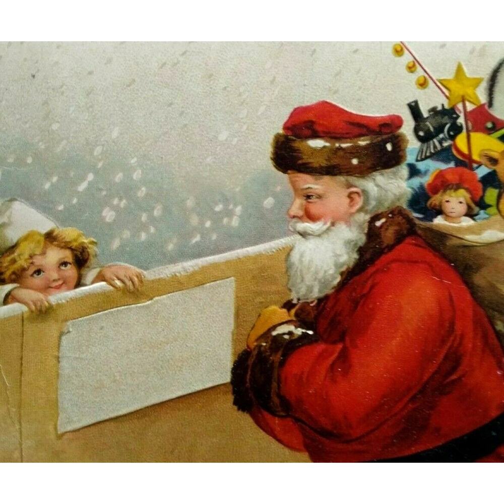 Christmas Postcard Santa Claus With Sack Of Toys Girl Behind Fence Chicago 1908
